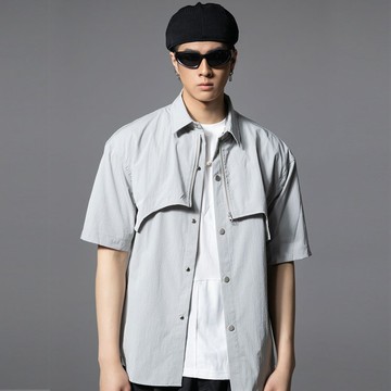 假兩件拼接短袖襯衫  夏季男士工裝襯衣