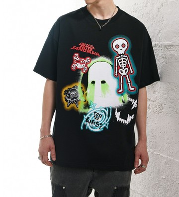 FINDSENSE X 2023 街頭時尚潮流 男士 寬鬆 卡通骷髏圖案 半袖短T  特色短T 學生T