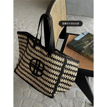 THREE新品網紅同款時尚百搭草編托特凹造型設計撞色單肩包包女