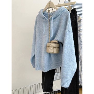 藍色浣熊絨連帽套頭毛衣女正肩寬松高級感帶帽羊毛針織衫2026秋冬