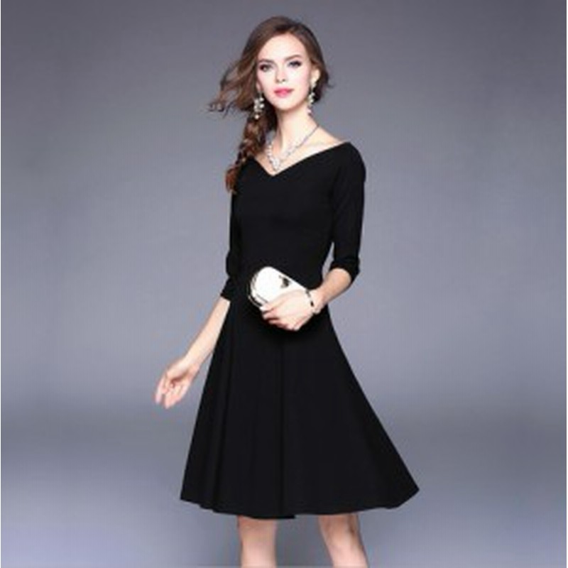 結婚式 二次会 パーティー 披露宴 着痩せ 七分袖 鎖骨綺麗に魅せる Vネックドレス ワンピース S M L 2l 3l 黒 通販 Lineポイント最大1 0 Get Lineショッピング