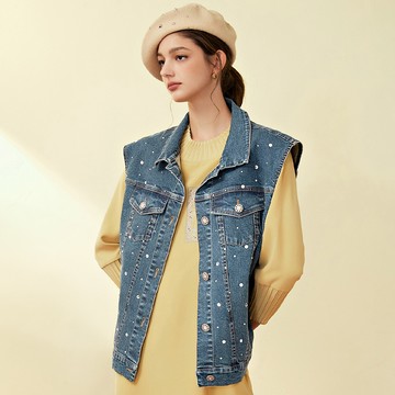 OUWEY歐薇 時髦燙鑽微落肩純棉牛仔背心(藍色；S-M)3223138309