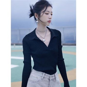周雨彤明星同款黑色針織顯瘦氣質V領polo領秋季修身上衣新款