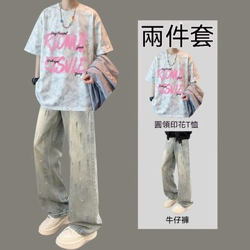 美式潮牌扎染短袖T恤男士夏季套裝男生帥氣一套搭配牛仔褲兩件套