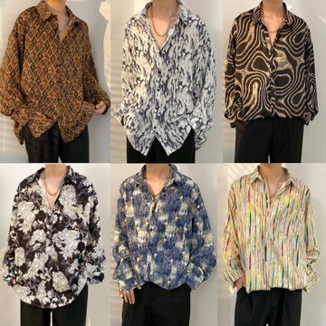 港風vintage油畫花襯衫男女復古夏威夷痞帥寬松情侶長袖襯衣外套