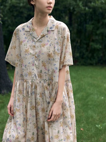 復古全棉印花古巴領套頭長款薄棉連衣裙洋裝