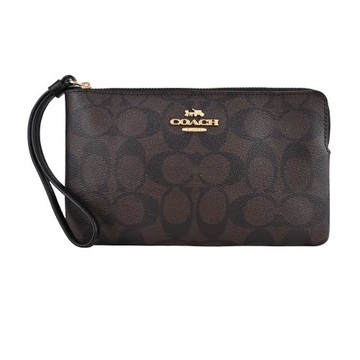 COACH 經典馬車緹花L拉鍊手拿包(中/咖啡黑)