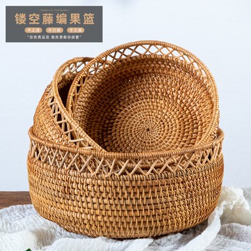 越南藤編水果籃干果盤田園風中式客廳零食糖果籃面包筐茶幾收納筐