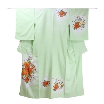 日本古著薄荷綠訪問著和服 | 菊花紋樣 | 傳統和服罩袍