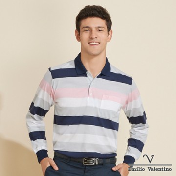 Emilio Valentino范倫鐵諾英倫風尚雅緻橫紋薄長袖POLO衫_黑/灰/粉(66-V3156)