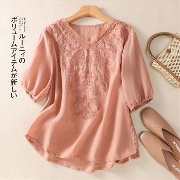 新款刺繡花藤棉麻襯衫夏季新款輕薄民族風七分收口袖包邊上衣