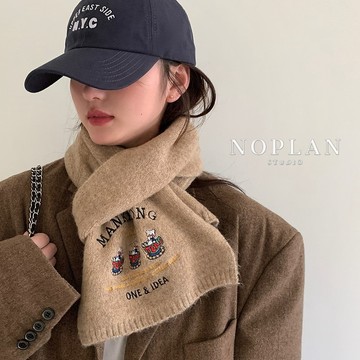 𝑵𝒐𝑷𝒍𝒂𝒏【現貨𝟤𝟦𝐻🚚】秋冬新款 韓國可愛刺繡小熊羊毛圍巾 韓國圍巾 圍巾女 圍巾 羊毛 羊絨圍巾 保暖圍巾
