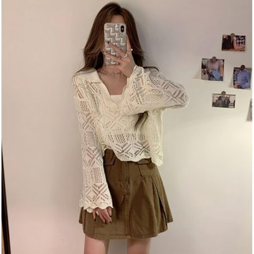 [福利商品]22-1_翻領花邊鏤空長袖罩衫/氣質長袖上衣, 肩寬46cm 胸寬52cm袖長54cm 全長46cm, 單色