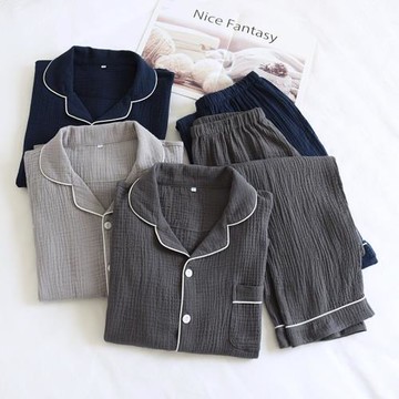 縐布家居服男士棉質雙層紗布睡衣爸爸套裝長袖長褲大碼套裝