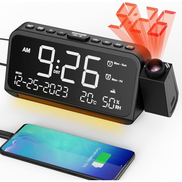 【日本代購】Mesqool 投影數位時鐘｜350°牆壁｜天花板投影｜雙鬧鐘｜溫濕度顯示｜5段亮度調節｜可充手機｜黑色主體＋紅光投影