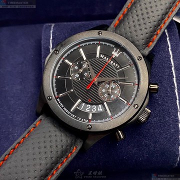 [星晴錶業]MASERATI手錶,46mm,R8871627004黑色錶面黑錶殼黑紅色真皮皮革錶帶款