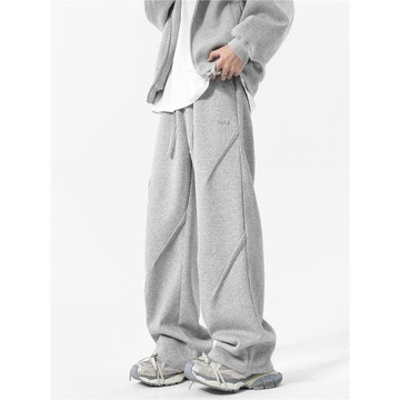 (免運)KWER秋冬設計感褶皺休閑加絨衛褲男款潮流美式運動褲寬松直筒褲子