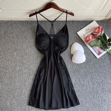 ins風性感深V睡衣女夏季冰絲2023年新款帶胸墊蕾絲吊帶睡裙高級感