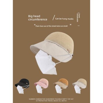 大頭圍可掛口罩漁夫帽女夏季鏤空透氣草編帽加寬帽檐顯臉小遮陽帽