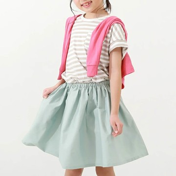 日本 devirock - 百搭印花拼接短袖洋裝-條紋-杏白x淺藍