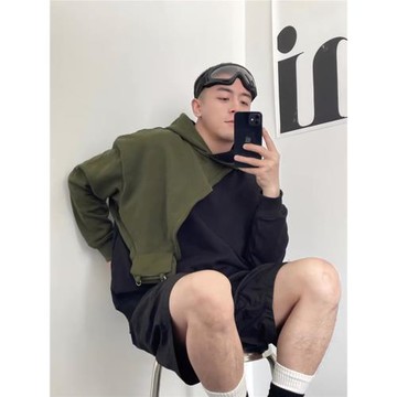 underplay原創設計春季連帽拼接衛衣長袖撞色迷你胸包設計師