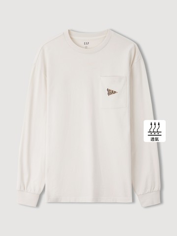 男裝 Logo純棉刺繡圓領長袖上衣-米白色