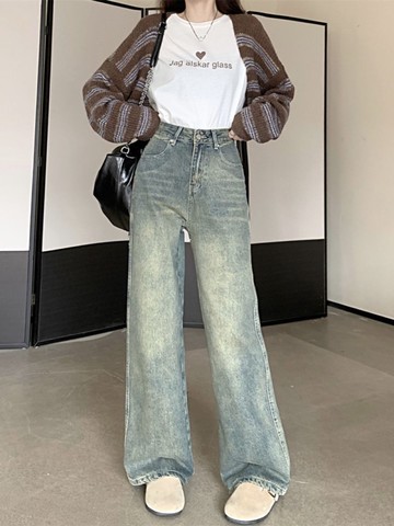 Chubchic中大尺碼 大尺碼牛仔褲 復古直筒牛仔褲女 春秋美式做舊大碼高腰寬鬆顯瘦拖地闊腿褲潮