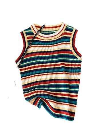 彩色條紋冰絲針織吊帶背心女款內搭夏外穿工字無袖短款上衣【木屋雜貨】