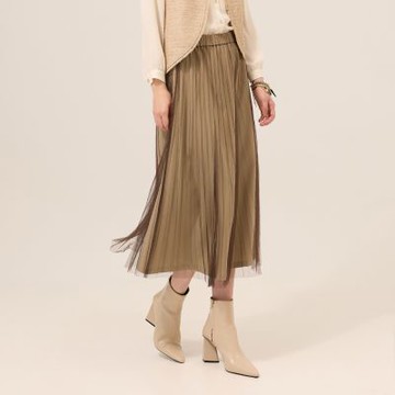 ILEY伊蕾 優雅壓褶網紗A字中長裙(深咖；M-XL)