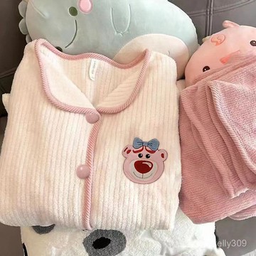 【GMY】跨境秋冬季睡衣女加厚保暖奶香小狗長毛絨開衫休閒簡約兩件套批髮 TKF9