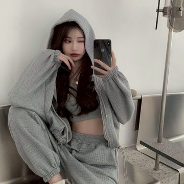 白深淺灰現貨秒出售完不♥【JinG】3件式套裝 華夫格細肩背心+縮口袖罩衫+鬆緊腰頭縮口長褲 高腰褲 短版背心 運動外套