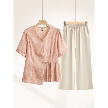 媽媽夏裝時尚國風短袖上衣新中式中老年女裝夏季洋氣小衫兩件套裝