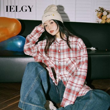 IELGY 復古格子襯衫女長袖時尚寬鬆翻領襯衫