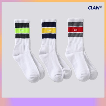 【CLAN】日系條紋襪 刺繡 日系長襪 三色襪組 條紋長襪 潮流 襪 運動襪 不撞色 透氣 吸汗 彈性襪
