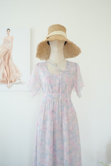 雪紡連衣裙 玫瑰粉色紫色花卉圖案