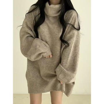 暗黑系高領設計感中長款毛衣女秋冬新款寬松顯瘦開叉上衣保暖外套