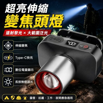 隔日達｜超亮伸縮變焦頭燈 數位電量顯示 Type-C充電 無極調光 露營釣魚夜間工作頭燈