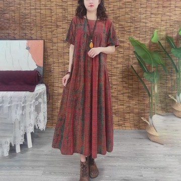 碎花棉麻連衣裙女夏季新款復古寬鬆氣質休閒遮肉顯瘦時尚大擺長裙 大尺碼長裙 夏季薄款連身裙女 休閒遮肚遮肉洋裝