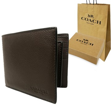 【COACH】男款素面8卡附活動證件夾短夾禮盒+紙袋(深咖)