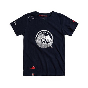 江戶勝｜女裝｜富士山浪花朱印植絨印花短袖T恤