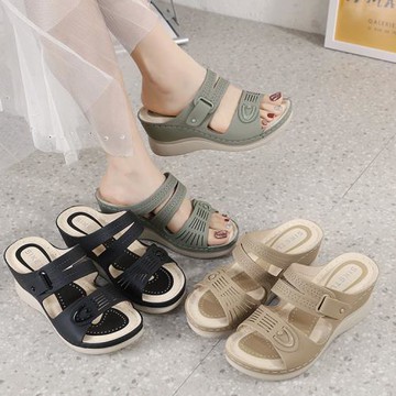 【Taroko】夏日青春時尚休閒坡跟涼拖鞋(3色可選)