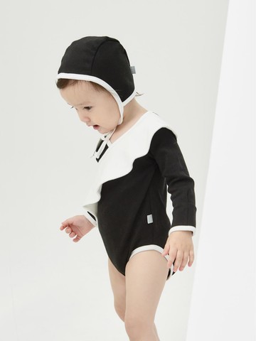Ruffle Double-layered Cotton Bodysuit Set [Black]