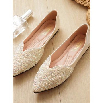 尖頭單鞋女春2026秋鞋韓版淺口水鉆四季瓢鞋平底不累腳小碼33一34