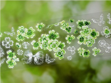 蕾絲幸運草 OKMT 植物復古鹽系 PET 貝殼光模切手帳膠帶貼紙分裝整卷
