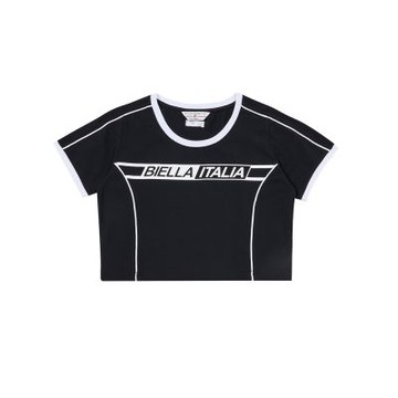 FILA官方直營 女款 #復古飛馳 短袖短版彈性圓領T恤 上衣-黑 5TEZ-5419-BK