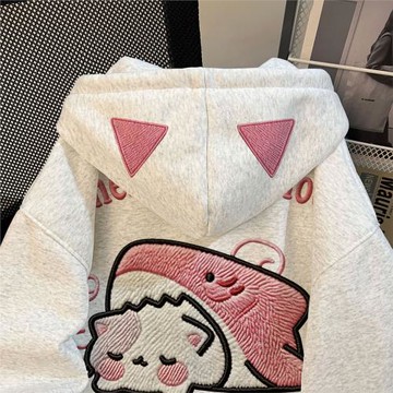 2025秋冬季新款仿刺繡印花男女童卡通貓咪加絨連帽衛衣中大童上衣