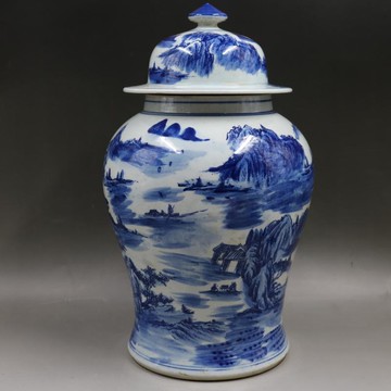 清康熙年制青花山水人物將軍罐仿古瓷器家居老貨擺件收藏古董古玩1入