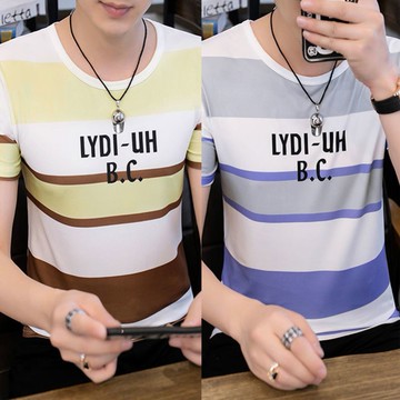 新款男士短袖t恤男青年學生打底衫上衣韓版修身條紋印花衣服男裝