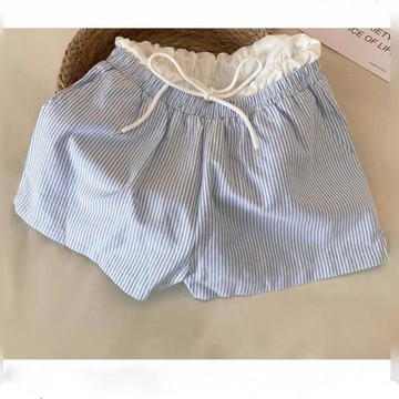 夏季新品 短褲 女生短褲 休閒褲 短褲女 寬鬆短褲 雙腰頭撞色拼接條紋休閒短褲女夏韓系顯瘦百搭小個子外穿a字熱褲