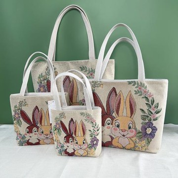 卡通兔子包包女帆布雙面金絲提花刺繡學生補習包媽咪包親子單肩包